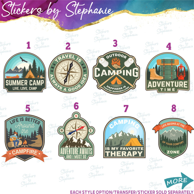 (s7-04-096) Camping, Summer Camp Adventure Badges Iron-On Transfer