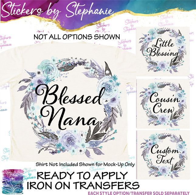 (s7-06-016) Lavender Floral Wreath Custom Text Iron-On Transfer