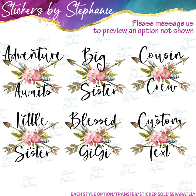 (s7-06-019) Rose Floral Arrows Custom Text Iron-On Transfer