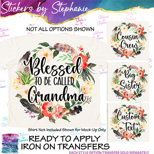 (s7-06-020) Poppy Flower Feather Wreath Custom Text Iron-On Transfer