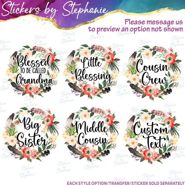 (s7-06-020) Poppy Flower Feather Wreath Custom Text Iron-On Transfer