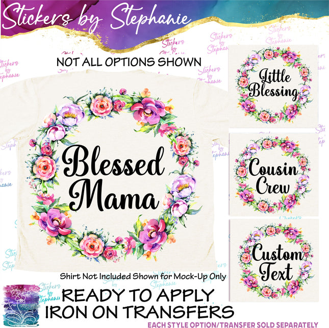 (s7-06-022) Rose Floral Wreath Custom Text Iron-On Transfer