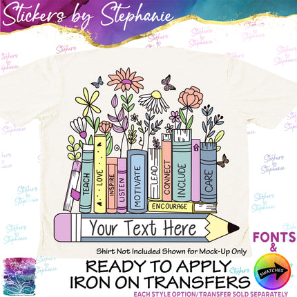 (s7-06-026) Floral Books Teacher Student Name Custom Iron-On Transfer