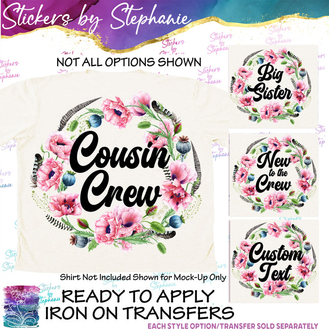 (s7-06-036) Pink Poppies Floral Wreath Custom Text Iron-On Transfer