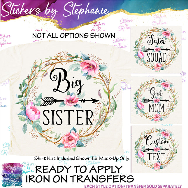 (s7-06-037) Rose Floral Wreath Custom Text Iron-On Transfer