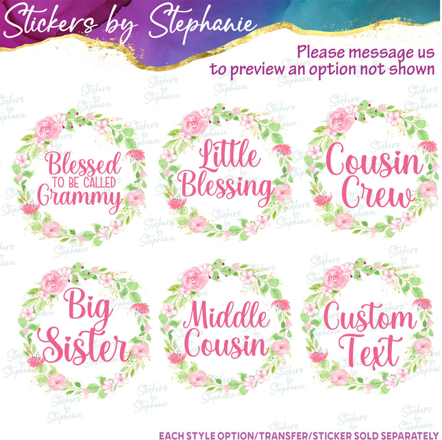 (s7-06-038) Rose Floral Wreath Custom Text Iron-On Transfer