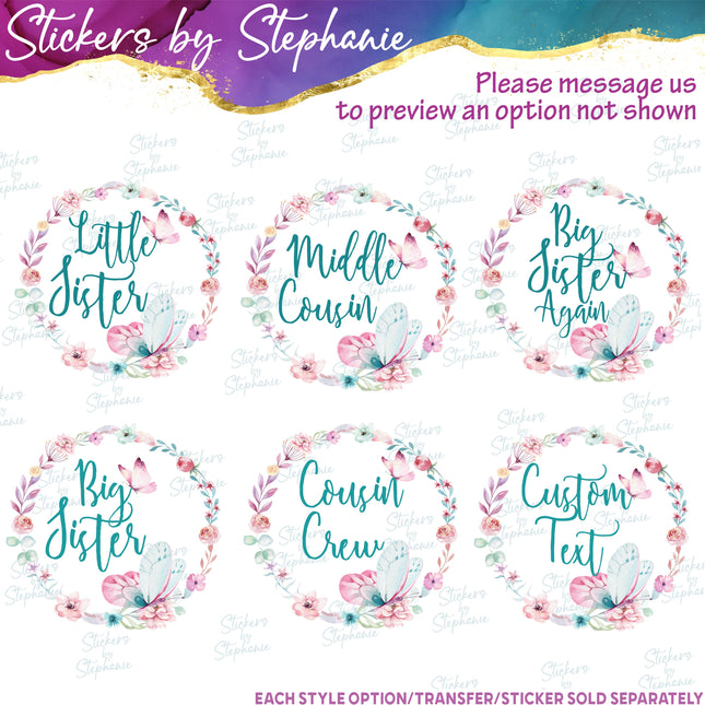(s7-06-039) Pastel Floral Wreath Butterflies Custom Text Iron-On Transfer