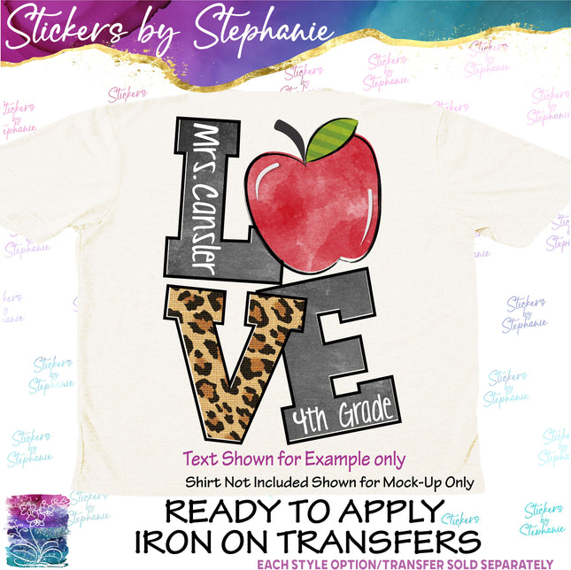 (s7-06-041) Stacked Love Apple Teacher Name Grade Custom Iron-On Transfer