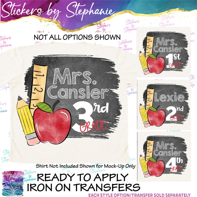 (s7-06-046) Student Teacher Name Grade Custom Text Iron-On Transfer