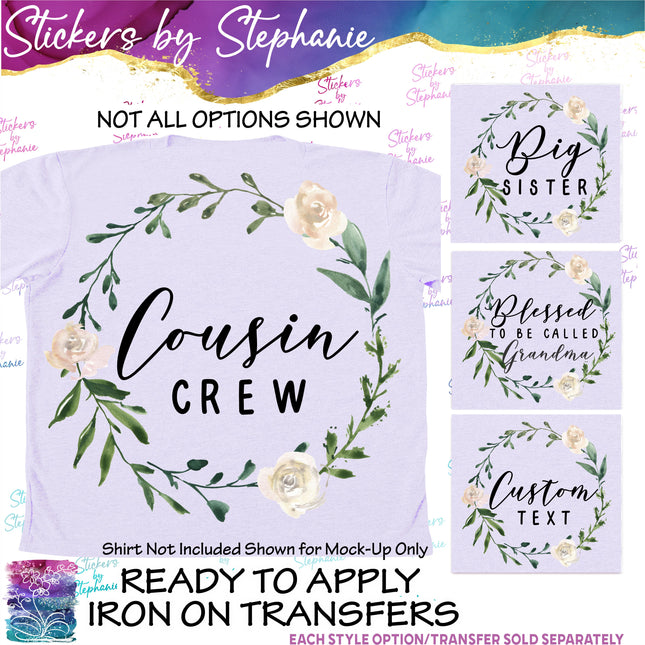 (s7-06-049) White Rose Floral Wreath Custom Iron-On Transfer