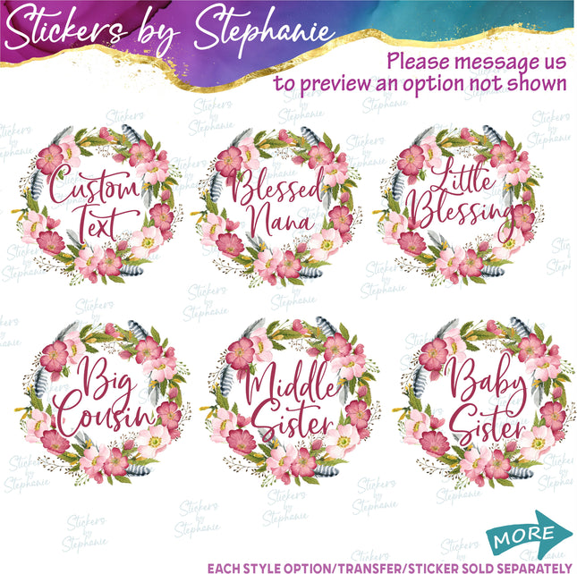 (s7-06-005) Rose Floral Wreath Custom Text Iron-On Transfer