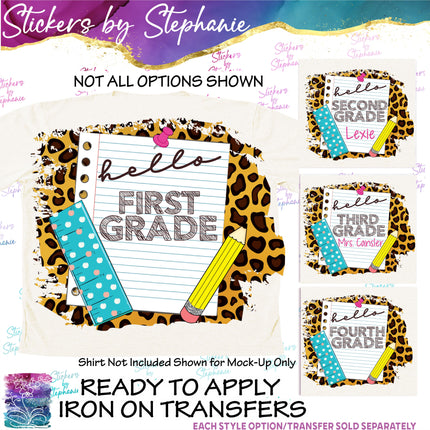 (s7-06-050) Leopard School Hello Grade Student Teacher Name Custom Iron-On Transfer