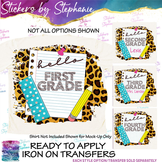 (s7-06-050) Leopard School Hello Grade Student Teacher Name Custom Iron-On Transfer