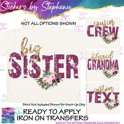 (s7-06-006) Burgundy Rose Floral Grunge Text Custom Iron-On Transfer