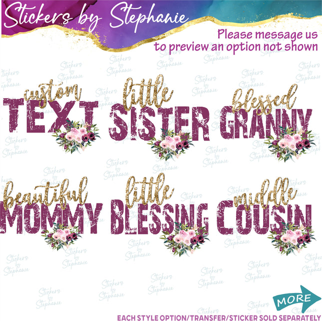 (s7-06-006) Burgundy Rose Floral Grunge Text Custom Iron-On Transfer