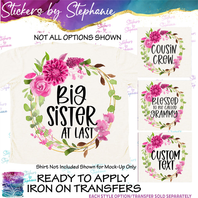 (s7-06-007) Dahlia Wreath Floral Custom Text Iron-On Transfer