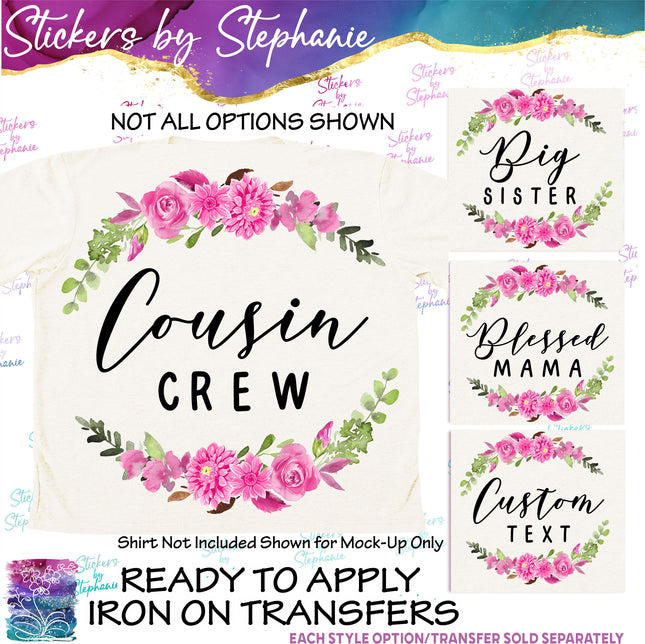 (s7-06-008) Dahlia Floral Wreath Custom Text Iron-On Transfer