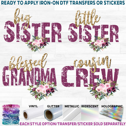 (270-58-02) Big Sister, Cousin Crew, Custom Family Text Burgundy & Pink Watercolor Flowers