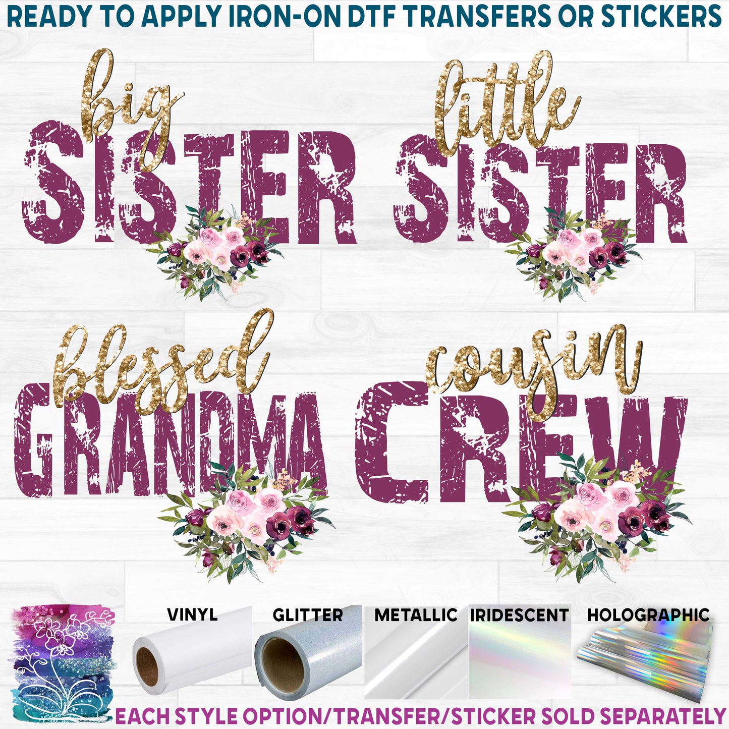 (s078) Big Sister, Cousin Crew, Custom Family Text Burgundy & Pink Watercolor Flowers