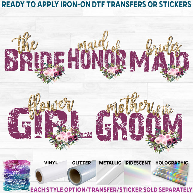 (270-58-02) The Bride, Flower Girl, Custom Bridal Wedding Text Burgundy & Pink Watercolor Flowers