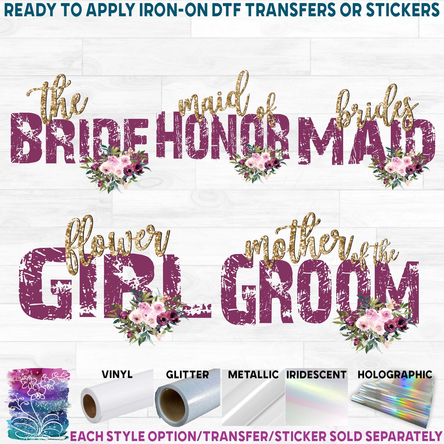 (s078) The Bride, Flower Girl, Custom Bridal Wedding Text Burgundy & Pink Watercolor Flowers