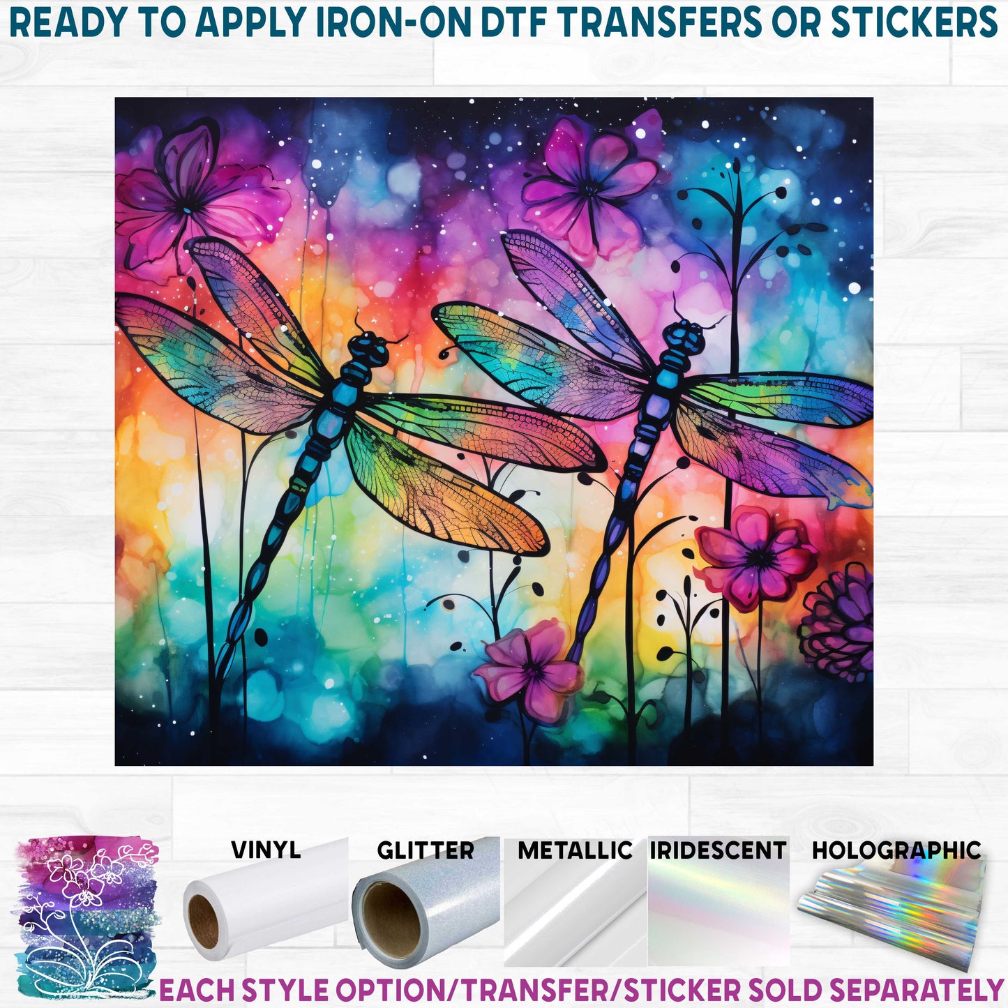 (s007-V3) Rainbow Alcohol Ink Floral Dragonfly Dragonflies