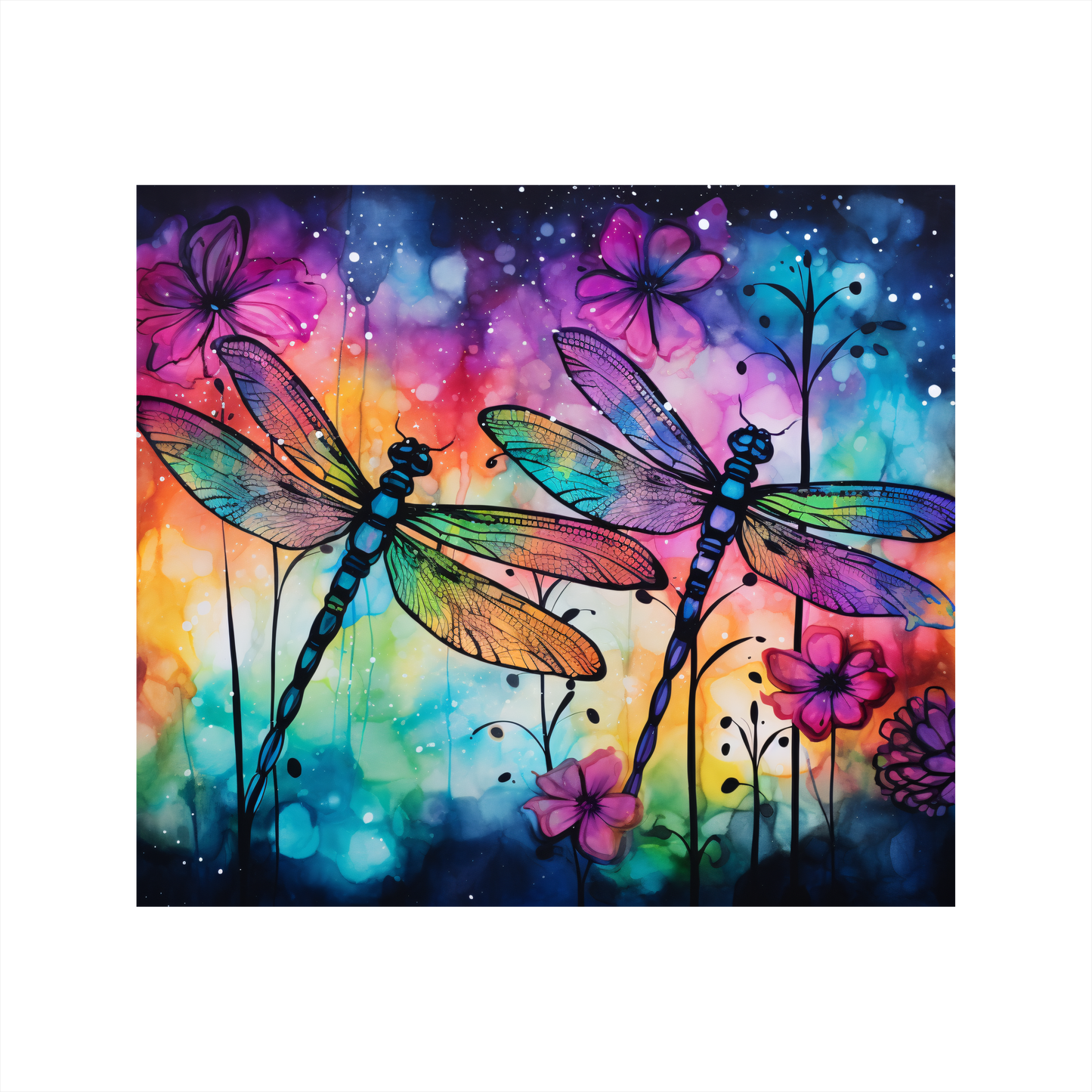 (s007-V3) Rainbow Alcohol Ink Floral Dragonfly Dragonflies