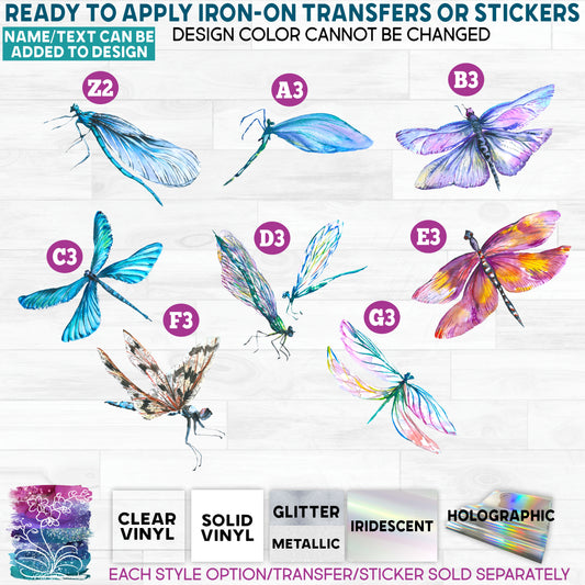 (s007) Watercolor Insects Dragonfly Dragonflies Glitter or Vinyl Iron-On Transfer or Sticker