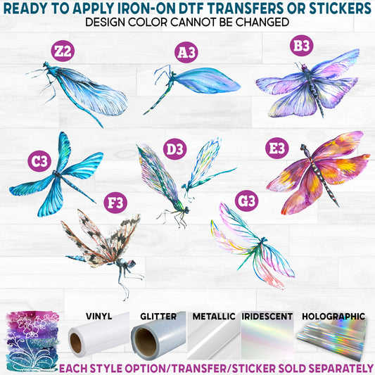 (s007) Watercolor Insects Dragonfly Dragonflies Printed Heat Transfer or Sticker