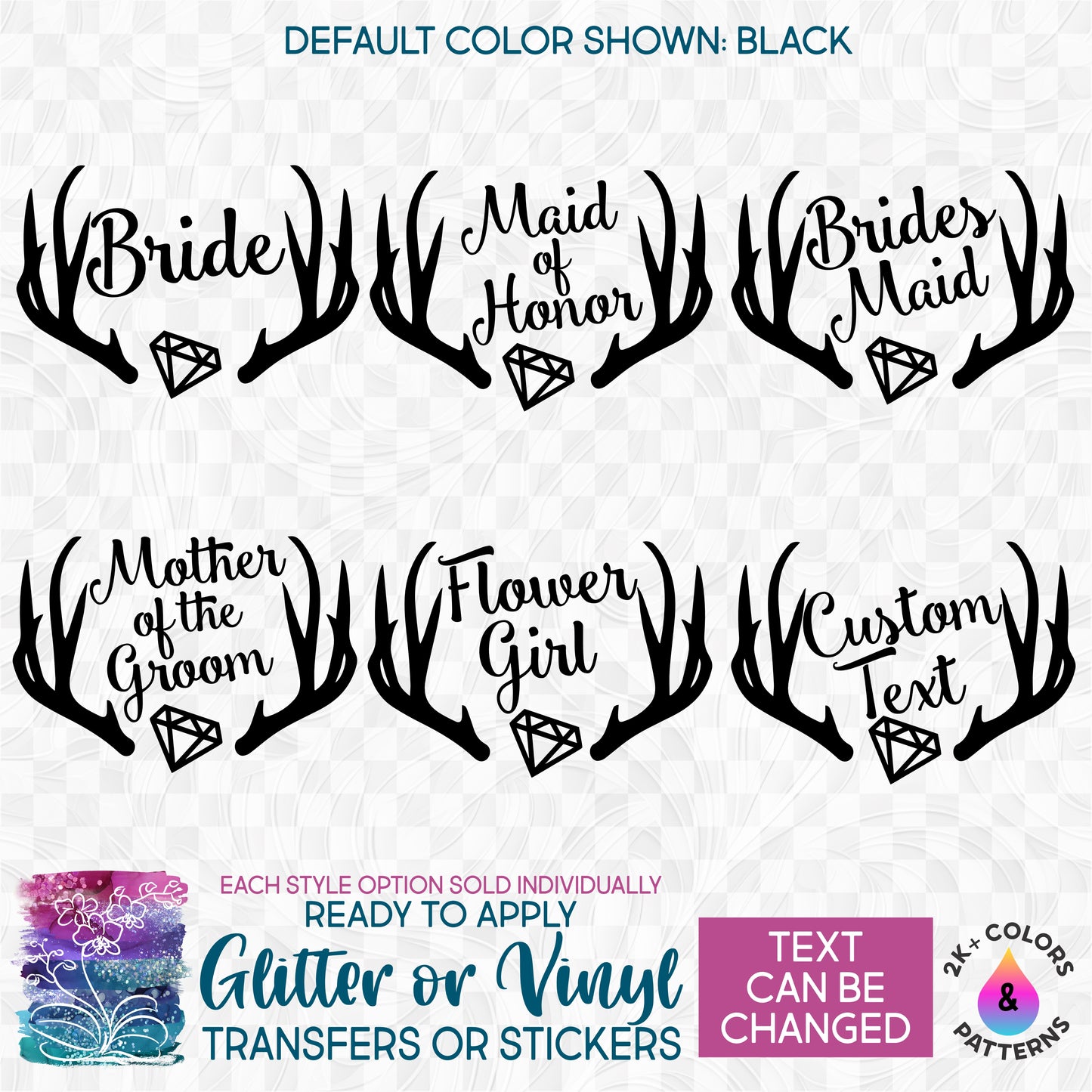 (s081-25) Deer Antlers Diamond Bridal Wedding Party Glitter or Vinyl Iron-On Transfer or Sticker