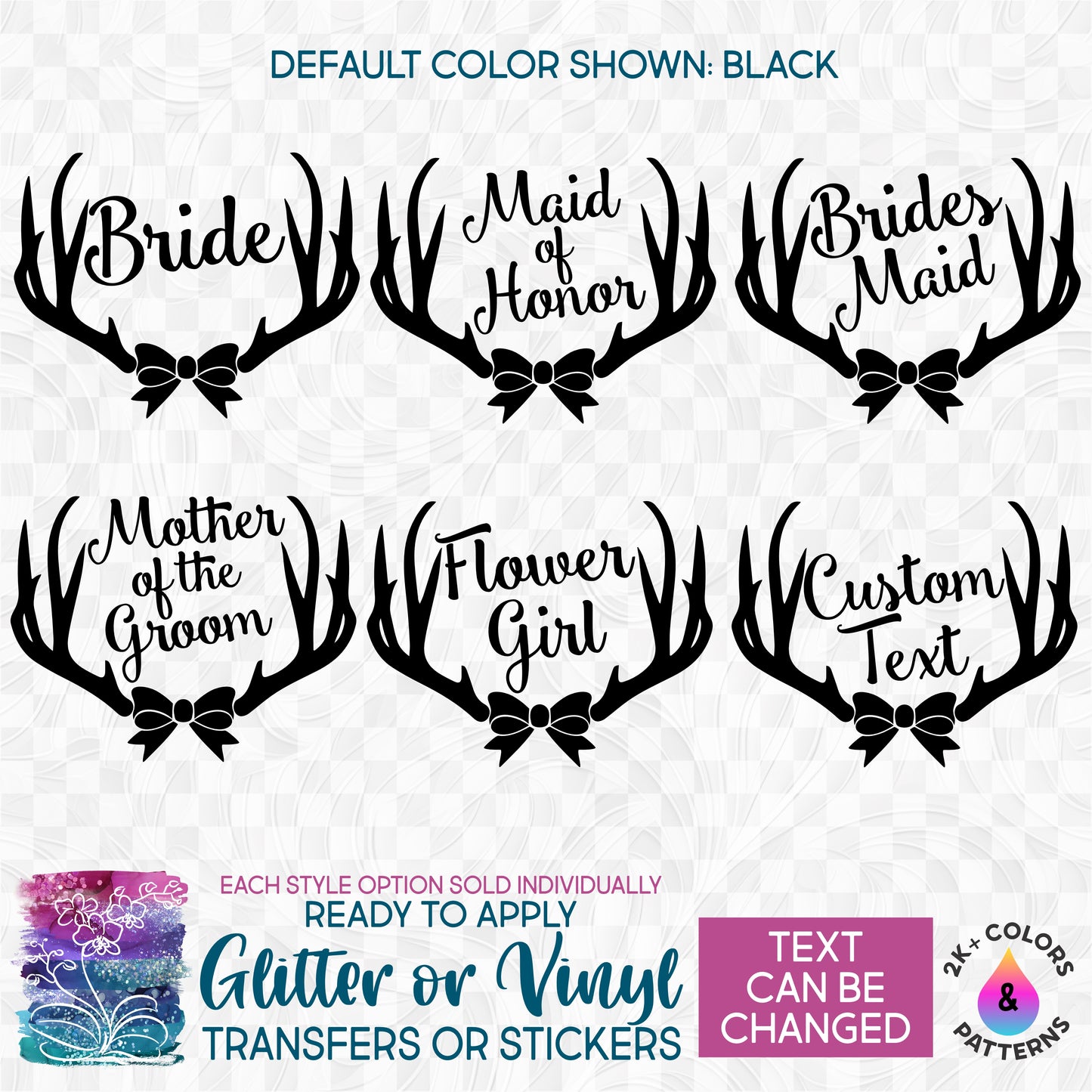 (s081-26) Deer Antlers Bow Bridal Wedding Party Glitter or Vinyl Iron-On Transfer or Sticker