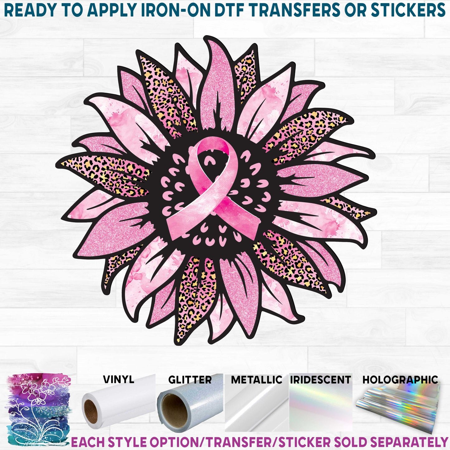 (s082-3E) Pink Leopard Sunflower Cancer Awareness Ribbon