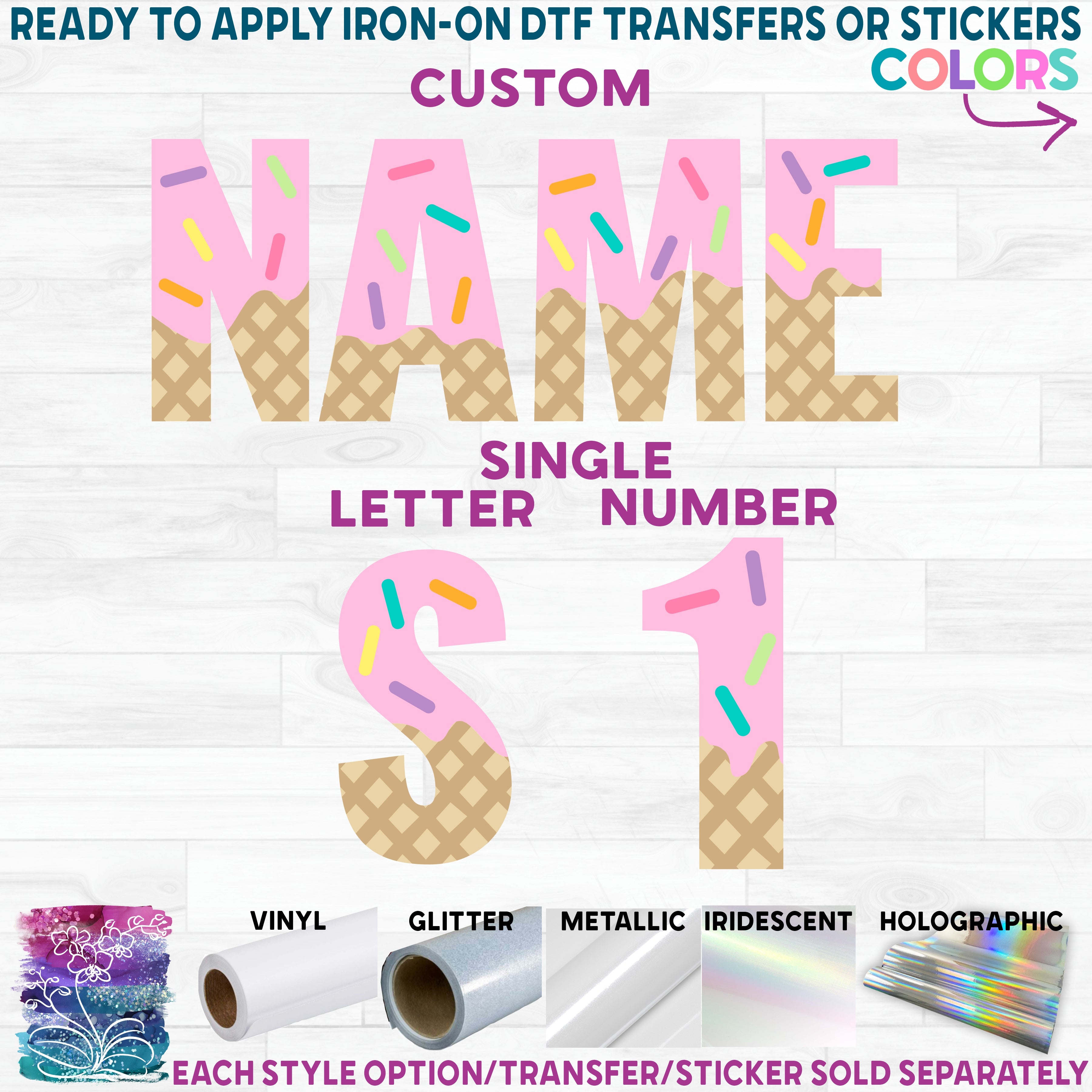 (s085-5-C) Ice Cream Alphabet Letters Number Custom Name Text Pink Purple Yellow Chocolate Blue