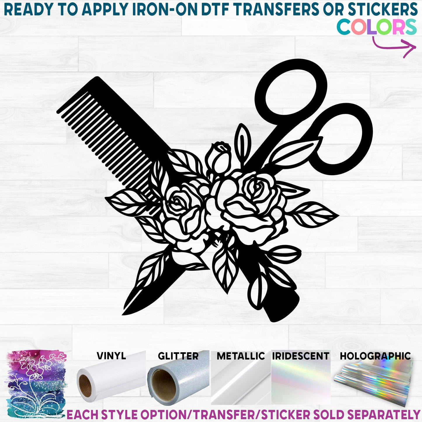 (s088-1A) Floral Flowers Hairdresser Hair Stylist Scissors Comb Printed Heat Transfer or Sticker