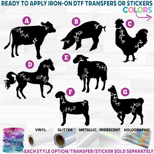 (s008-2) Vine Swirl Farm Animals Printed Heat Transfer or Sticker