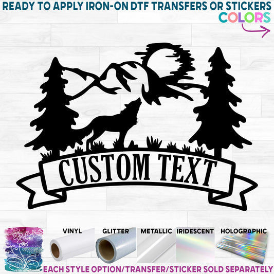 (s090-2D) Wild Mountain Wolf Custom Text Printed Heat Transfer or Sticker