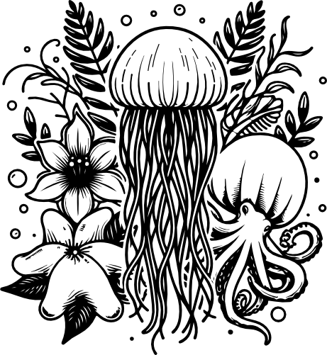 (s092-3-C) Jellyfish with Flowers Floral Octopus