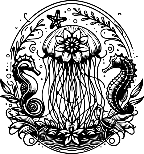 (s092-3-N) Jellyfish with Flowers Floral Seahorse