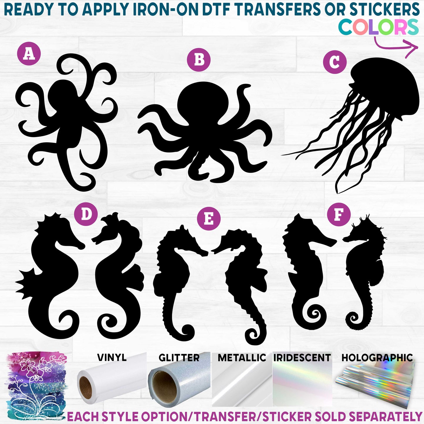 (s092) Octopus Seahorse Jellyfish Printed Heat Transfer or Sticker