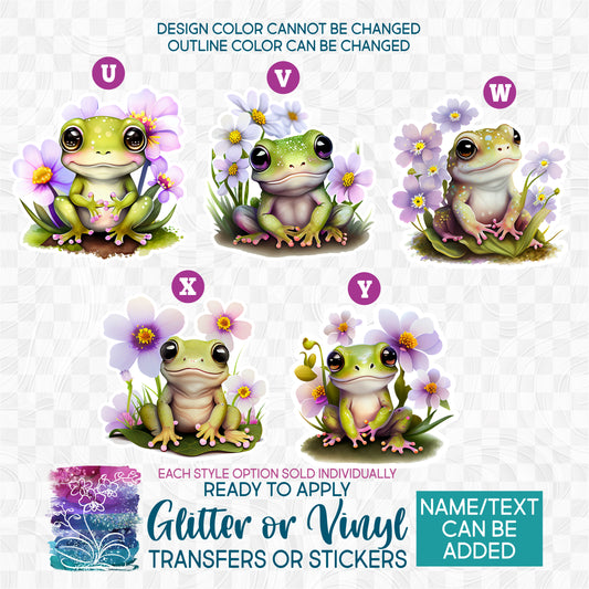 (s094) Watercolor Frog Frogs Purple Flowers Glitter or Vinyl Iron-On Transfer or Sticker