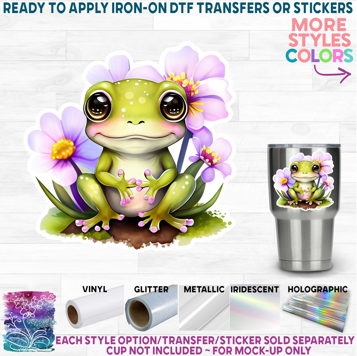 (s094) Watercolor Frog Frogs Purple Flowers Printed Heat Transfer or Sticker