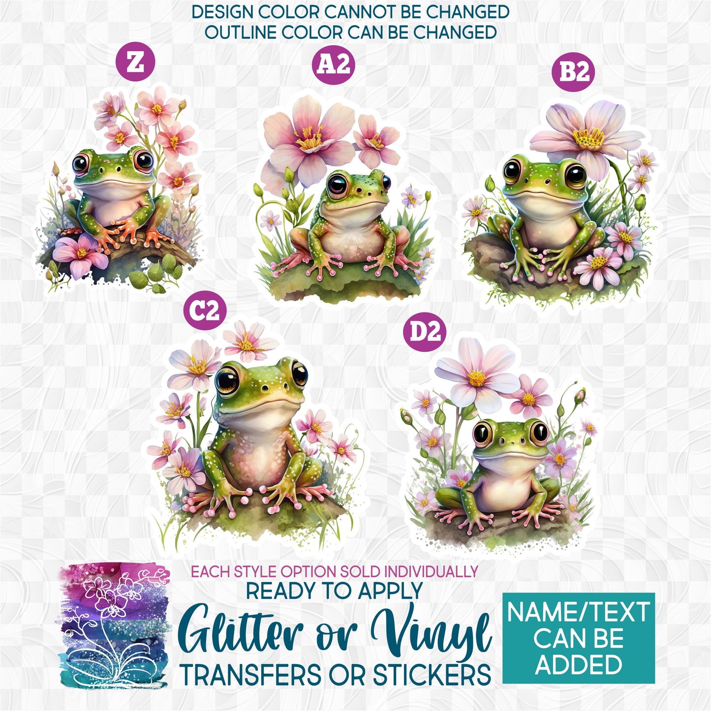 (s094) Watercolor Frog Frogs Pink Flowers Glitter or Vinyl Iron-On Transfer or Sticker
