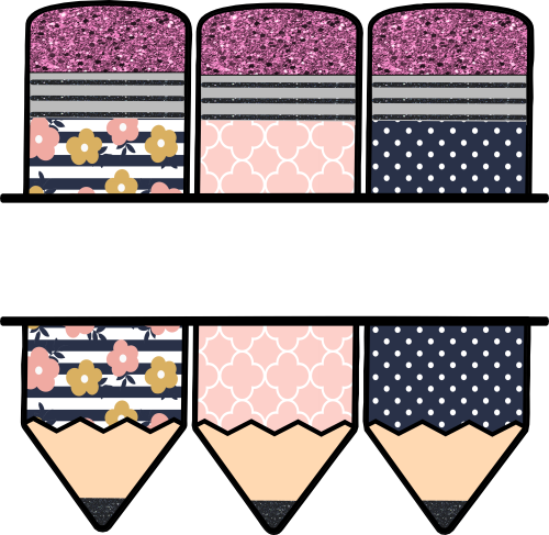 (s095-2H) Split Pink Navy Flower Pencils Custom Name Text