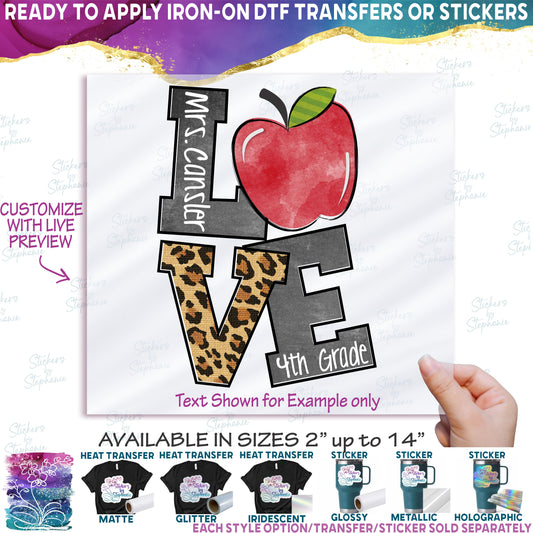 (s095-1-H) Stacked Love Apple Teacher Student Name Grade Custom Text