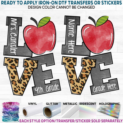 (s095-1H) Stacked Love Apple Teacher Student Name Grade Printed Heat Transfer or Sticker