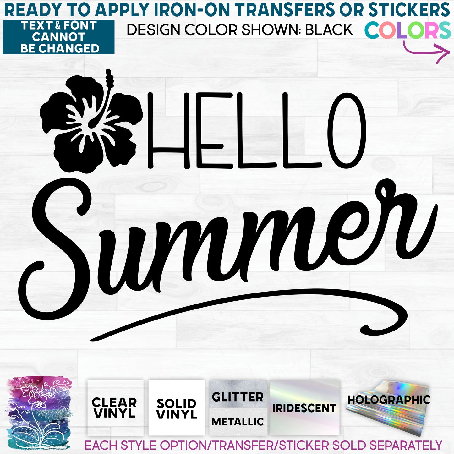 Hello Summer Hibiscus Glitter, Matte, Glossy Iron-On Transfer or Sticker