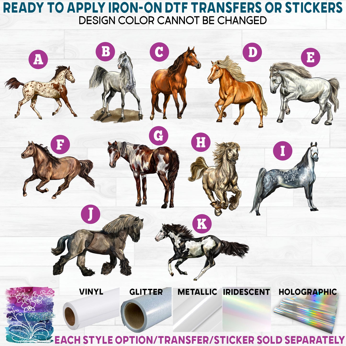 (s098-3) Horse Horses Printed Heat Transfer or Sticker