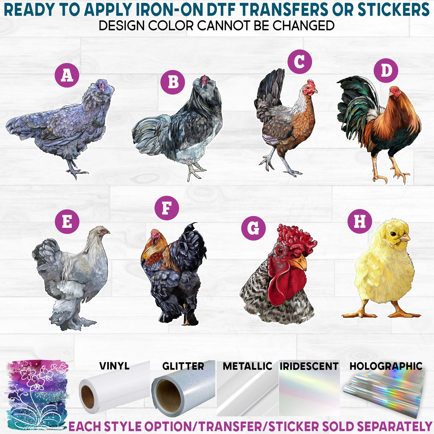 (s098-4) Rooster Hen Chick Chickens b Printed Heat Transfer or Sticker