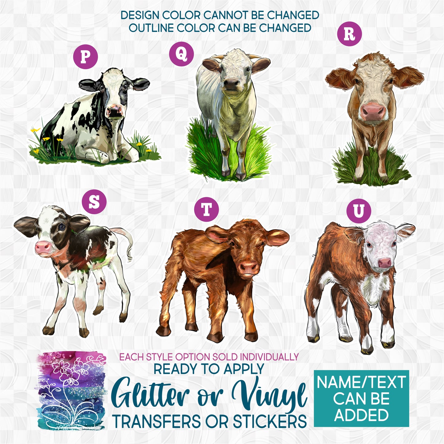 (s098-5) Cow Cows Calf Heifer Bull Cattle Glitter or Vinyl Iron-On Transfer or Sticker