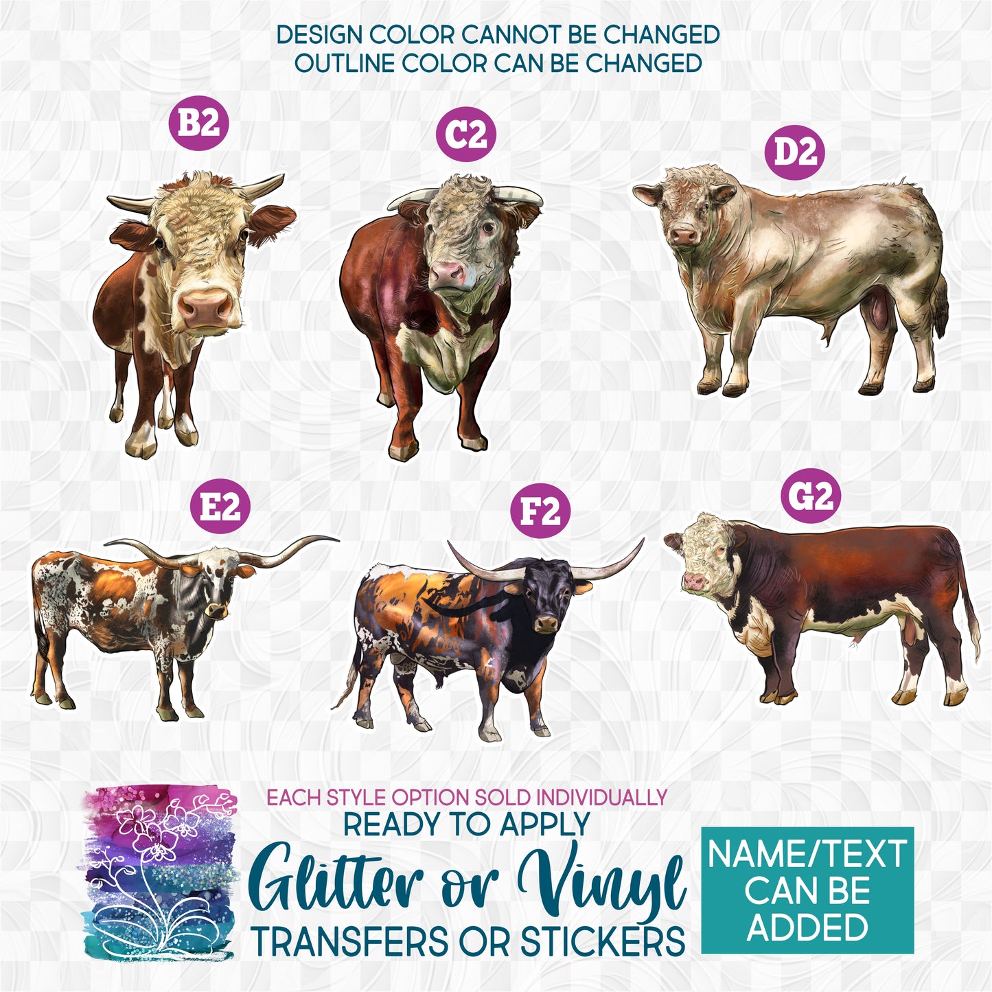 (s098-E) Cow Cows Calf Heifer Bull Cattle Glitter or Vinyl Iron-On Transfer or Sticker
